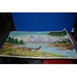 An unframed oil on canvas of a river scene with a pine forest and snow capped mountains in the