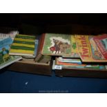 A wooden box of children's books and box of novels etc.