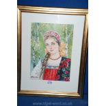 A framed and mounted Watercolour depicting a young Russian girl in colourful costume, initialed C.A.