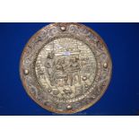 A large Brass wall Plaque with embossed Tavern scene, 25" diameter.