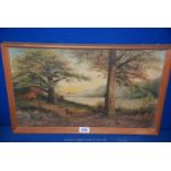 A framed and mounted Oil on canvas depicting deer on riverside wooded path.