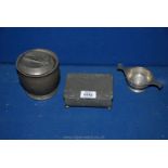 Three Pewter items including cigarette box, lidded pot and a Quaiche.