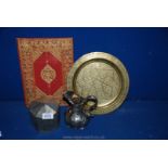 Three Persian items including a brass Persian plate, 10'' diameter,