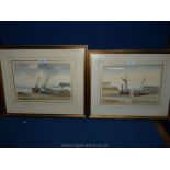A pair of framed and mounted Watercolours by David Short, depicting boats in a harbour.