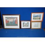 A framed Print of Russian village, small Watercolour of a Russian village signed A.