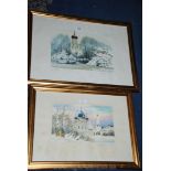 A framed and mounted Watercolour of a small Russian church with snow capped trees and lake,