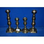 Two pairs of brass Candlesticks, one having square base 10 3/4" tall,