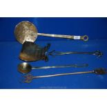 Two brass skimmers, a toasting fork and a small ladle.