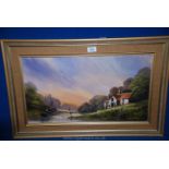 A framed Oil on board depicting cottage by a lake with a figure fishing from a boat,