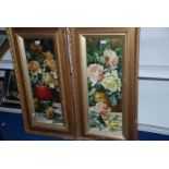 A pair of framed Watercolours of still life roses, signed lower left 'Ovoley 98'. 10 1/4" x 29 1/2".