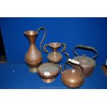 A quantity of copper to include two kettles, urn, jug, etc.