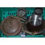 A set of four Copper pans, frying pan, tankards,