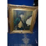 A large ornate framed Oil on canvas depicting a three quarter portrait of a well dressed gentleman,