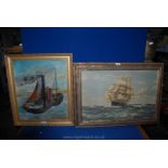 A Montague Dawson print of a clipper ship along with an oil painting of a steam ship.