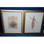 Two framed Prints of ladies in a dance pose, one initialed lower right M.R.