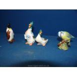 Two small ducks, a Beswick penguin and a Beswick Blue Tit.