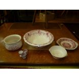 A large red/white wash bowl, Masons dish, Wedgwood & Co Christmas Rose chamber pot a/f,