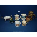 Two Edward VIII and George VI coronation mugs, butter dish on epns stand, pottery chamber stick,