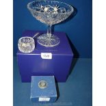 A Derwent Crystal mustard dish with epns spoon, along with an Edinburgh Crystal comport dish.