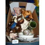 A box of mixed china to include two Wade pigs, three lustre jugs, Bunnykins bowl,