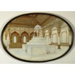 A beautifully executed early oval painting on Ivory of an Eastern temple interior with a pediment
