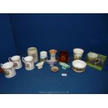 A box of china including three train mugs, Wedgwood vase, Leonardo train mug and coaster,