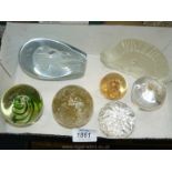 A quantity of Paperweights including one with horse, one with birds, Jellyfish Dump paperweight,