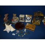 A quantity of miscellanea including card box, shell, mouse and a Teddy doorstop, anniversary clock,