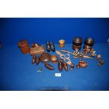 A quantity of Treen including four pairs of carved shoes, string box, boxwood dice shakers,