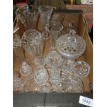 Five cut glass Vases, two lidded pots, candlesticks, bud vases, etc.