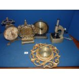 A quantity of miscellanea to include; microscope, clocks, barometer and scales.