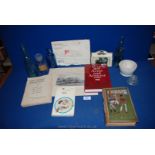 A quantity of miscellanea including glass bottles, pestle, boxed car,
