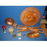 A small carved Table and various copper/brass items including lamp, etc.