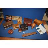 A mixed box of wooden items including music boxes, cigarette dispenser, cart etc.