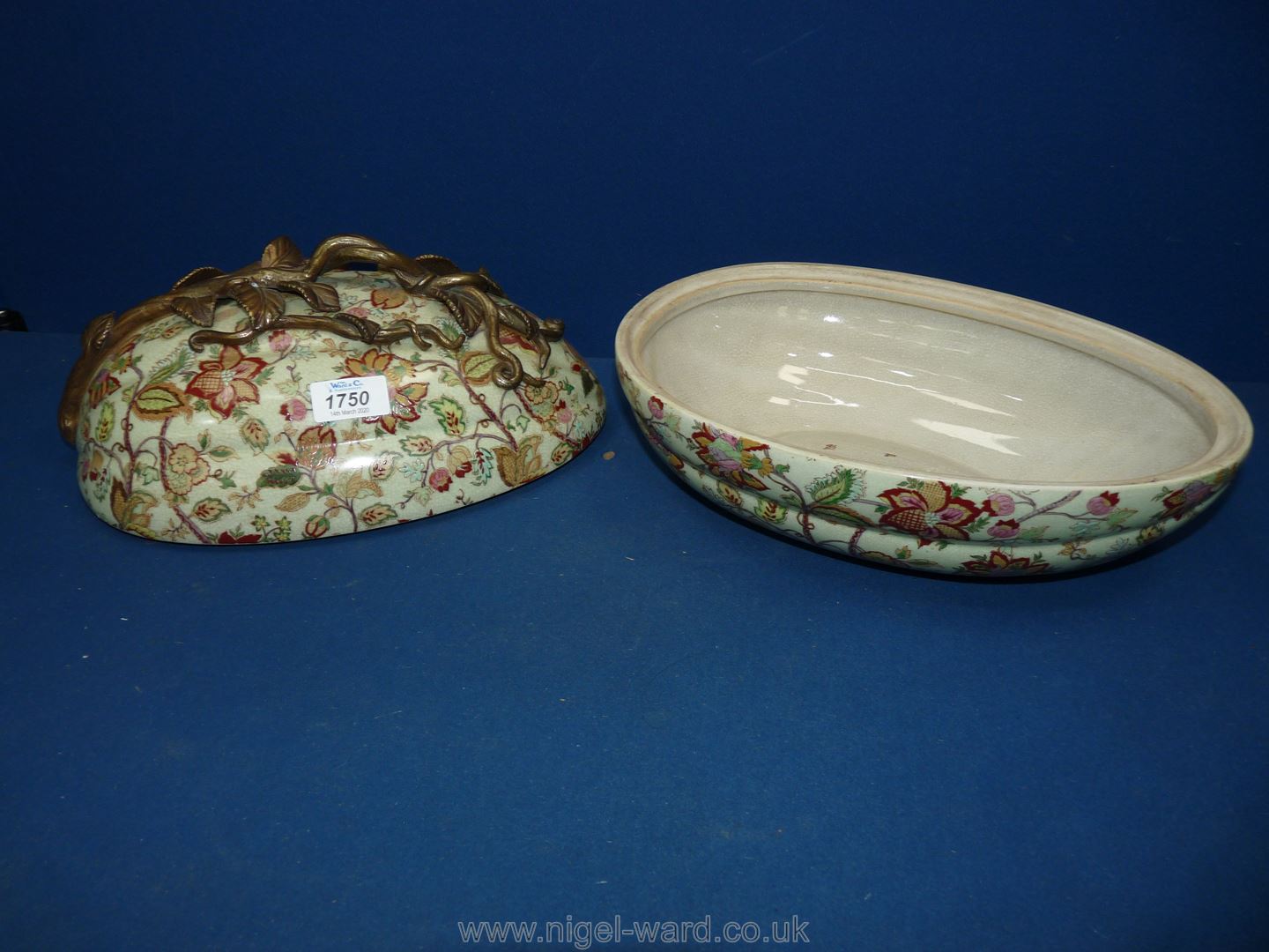A large ornate hand painted floral egg shaped tureen with metal fret-work to handle. - Image 2 of 2