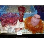 A quantity of coloured glass including cranberry comport, carnival dishes, Mdina bud vase, etc.