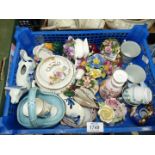 A blue tray of trinket dishes, posy vases, three blue and white tea cups, lidded pots,