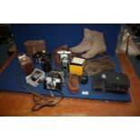 A box of miscellanea to include Cine Kodak Eight, Agfa, boxed Brownie,