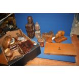 A quantity of Treen including African box, penguin on plinth, Bison, postal scales, boxes, plane,