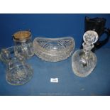 A quantity of glass including water jug, cut glass decanter, cut glass boat shaped vase,