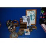 A tin of old buttons, small cow bell, wooden and brass letter rack, small stone jar etc.