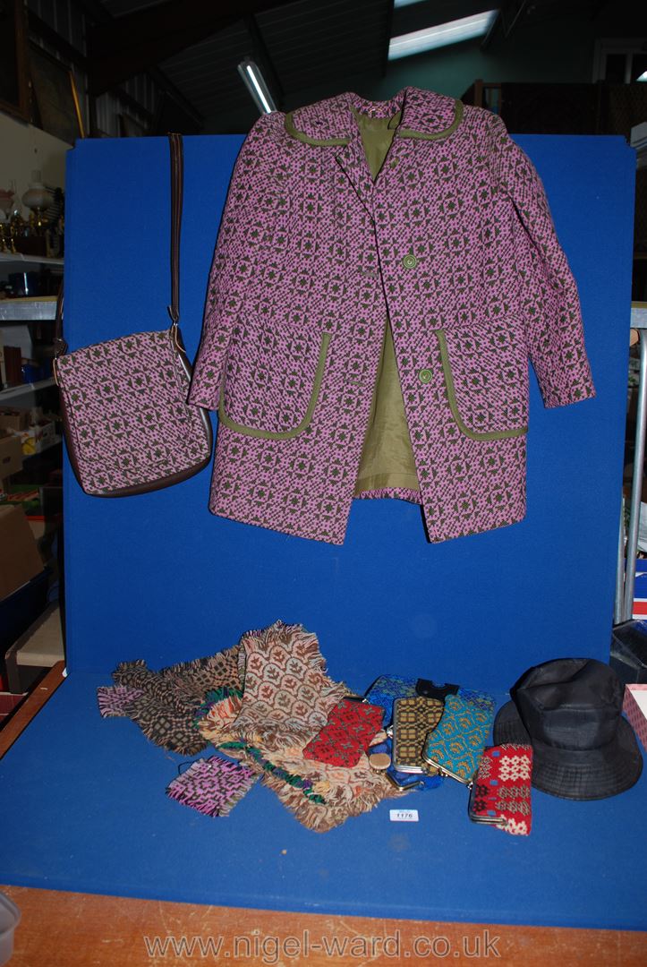 A ladies Welsh Wool jacket with matching shoulder bag in mauve and green plus Welsh Wool purses,