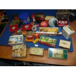 A quantity of vintage tins including Oxo, Players Navy Cut, Post Office Savings money box.