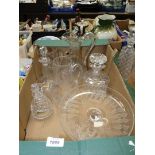 A box of cut glass including two etched glass jugs (one marked Dr.
