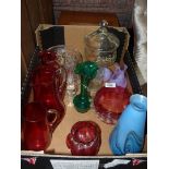 A box of glass to include five pieces of cranberry glass, two small purple bud vase,