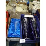 Two Edinburgh crystal goblets (boxed) and a cut glass decanter and six glasses plus a Chadds