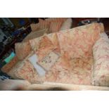 A Duresta beige/terracotta shadow foliage fabric upholstered 2/3 seater Settee and Chair with