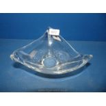 A vintage Daum triform glass bowl with raised rounded edges and thick base,