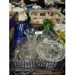 A quantity of mixed glass including two blue vases, green bon bon dish with lid, jug,