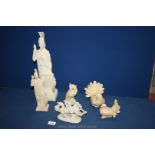 A tray of cream resin figurines including Athena large and small, two doves,
